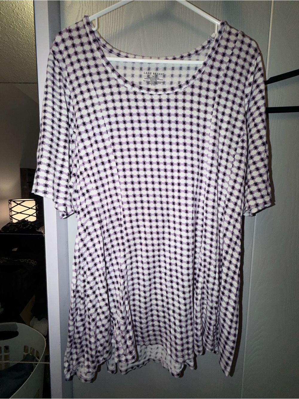 Lane Bryant White Tee with Purple and Black Grid Print
